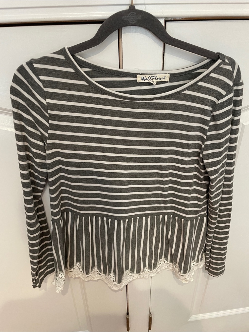 Wallflower Charcoal Gray & White Striped Long Sleeve Peplum Top with Lace Trim
